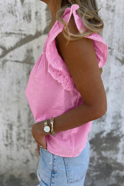 Solid Lace Flutter Sleeve Pleated Blouse
