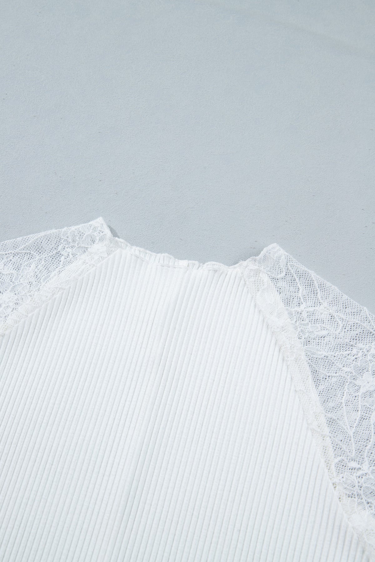 Solid Sheer Lace Long Sleeve Ribbed Knit Top