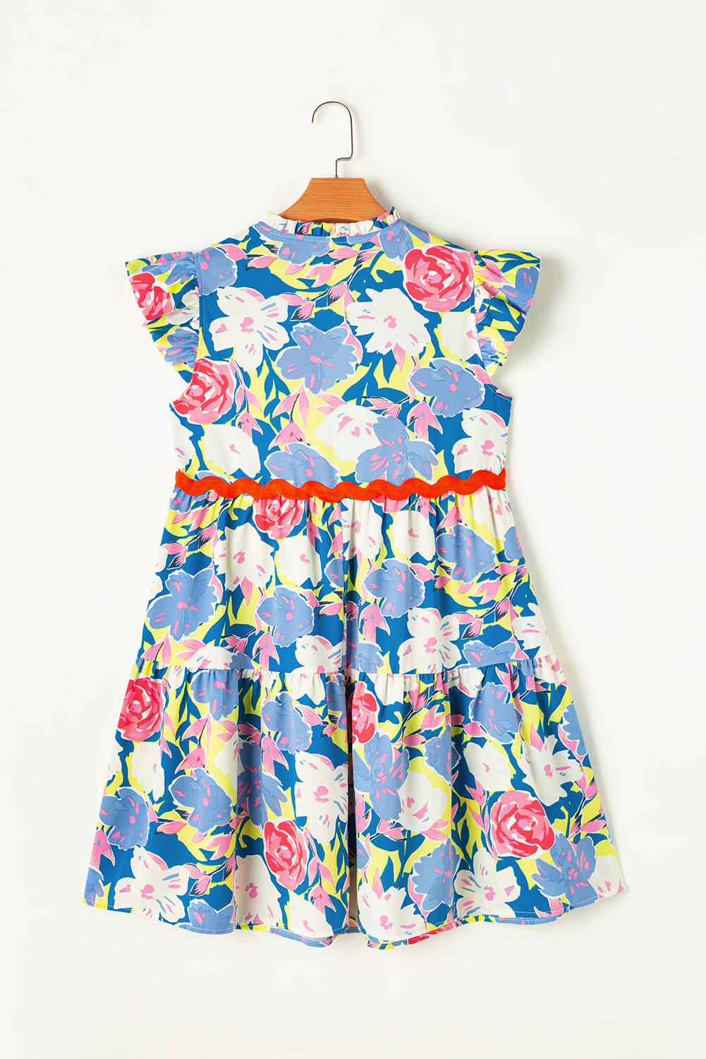 Floral Ric-Rac Flutter Sleeve V-Neck Dress