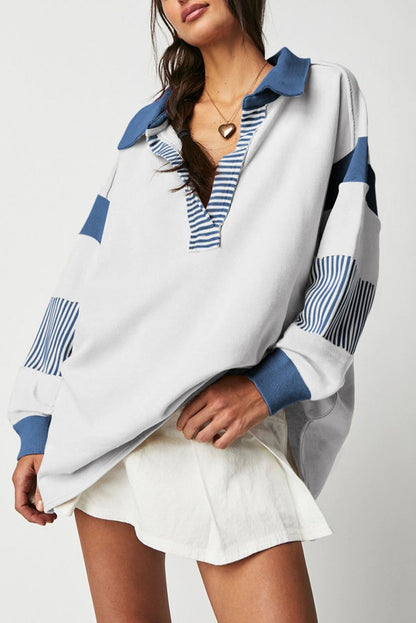 Stripe Colorblock Collared V-Neck Sweatshirt