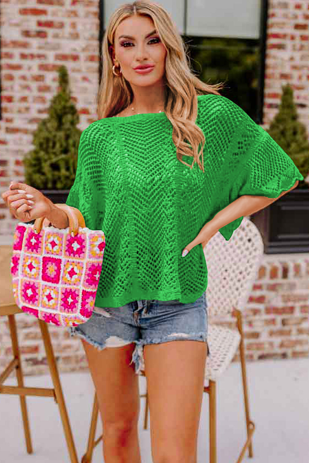Pointelle Knit Scallop Edge Short Sleeve Top