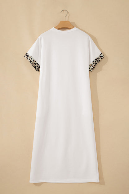 Leopard Bow Patched Short Sleeve T-Shirt Long Dress