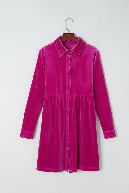 Valentine Velvet Ruffle Buttoned Long Sleeve Dress