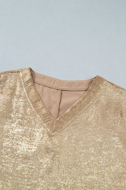 Metallic V-Neck Button Cuff Dolman Sleeve Blouse