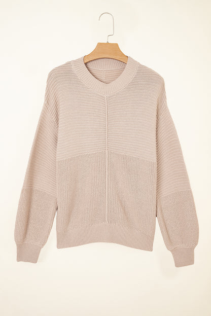 Ribbed Patchwork Textured Knit Puff Sleeve Sweater