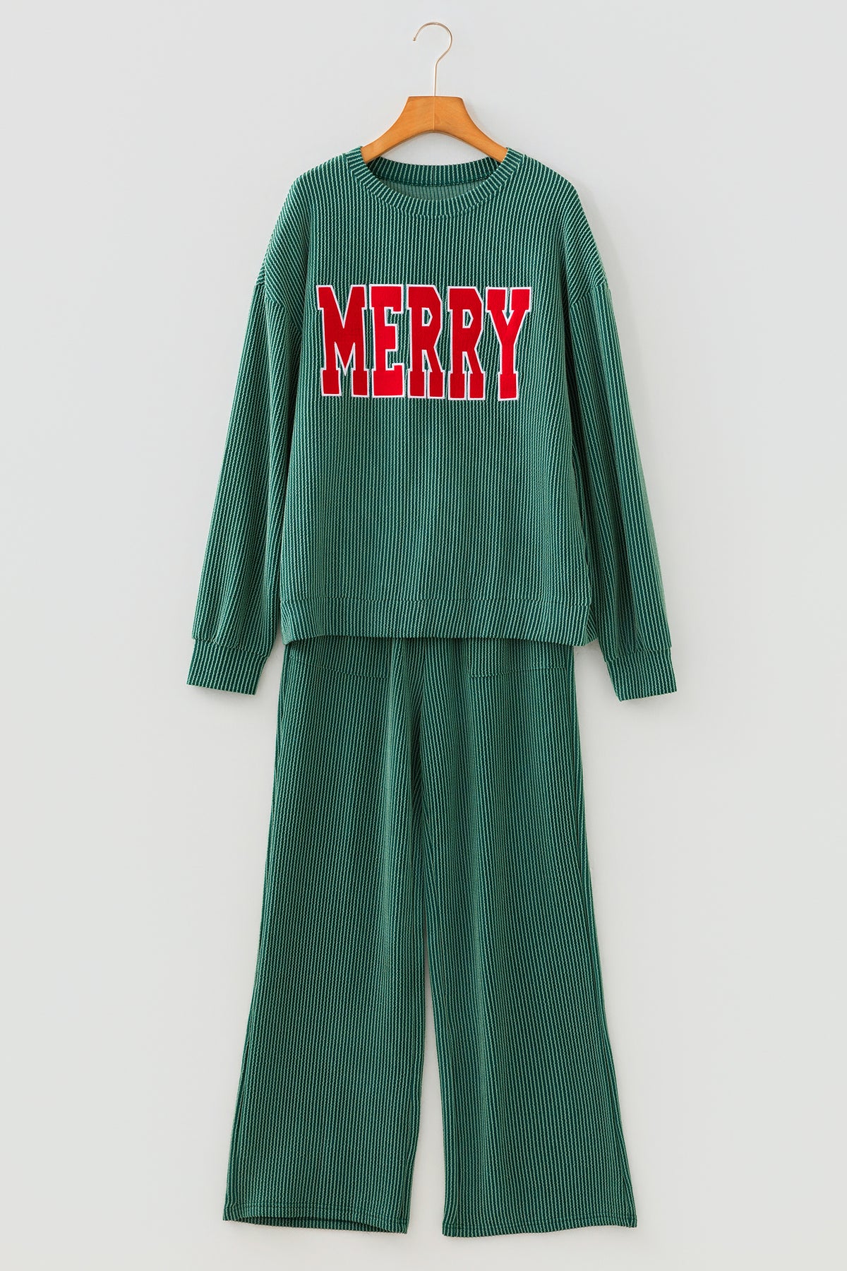 Christmas Letter Print Corded Knit Top & Pants Set