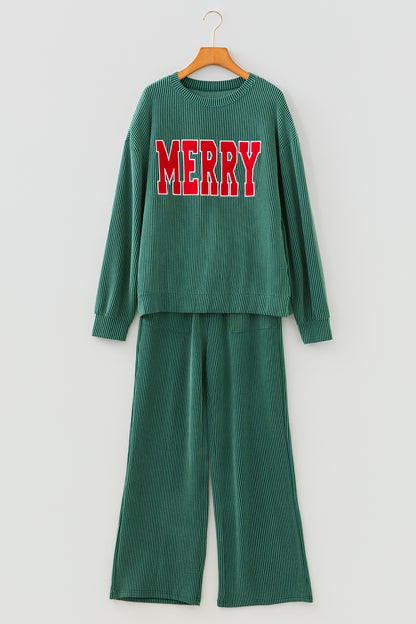 Christmas Letter Print Corded Knit Top & Pants Set