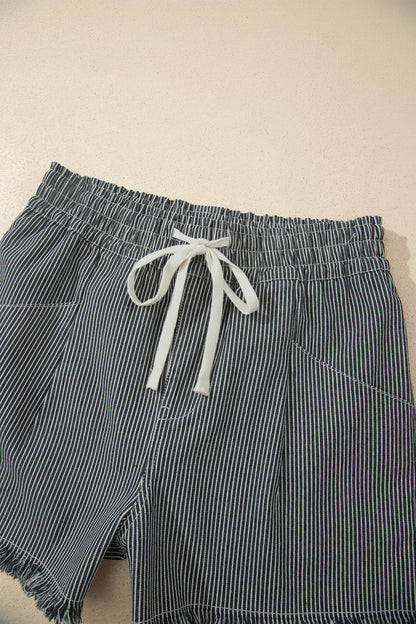 Stripe Denim Raw Edge Drawstring Waist Shorts