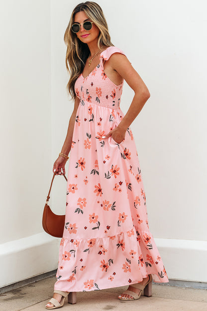 Floral V-Neck Smocked Ruffle Hem Maxi Dress