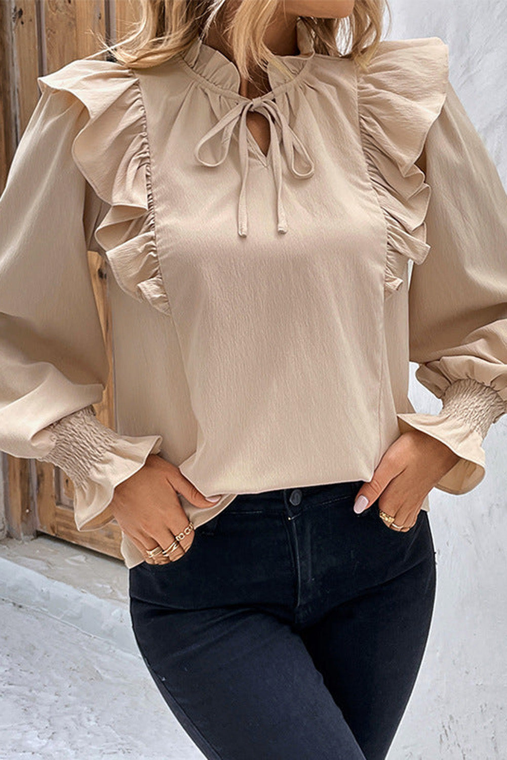 Ruffle Tie-Front Bubble Sleeve Blouse