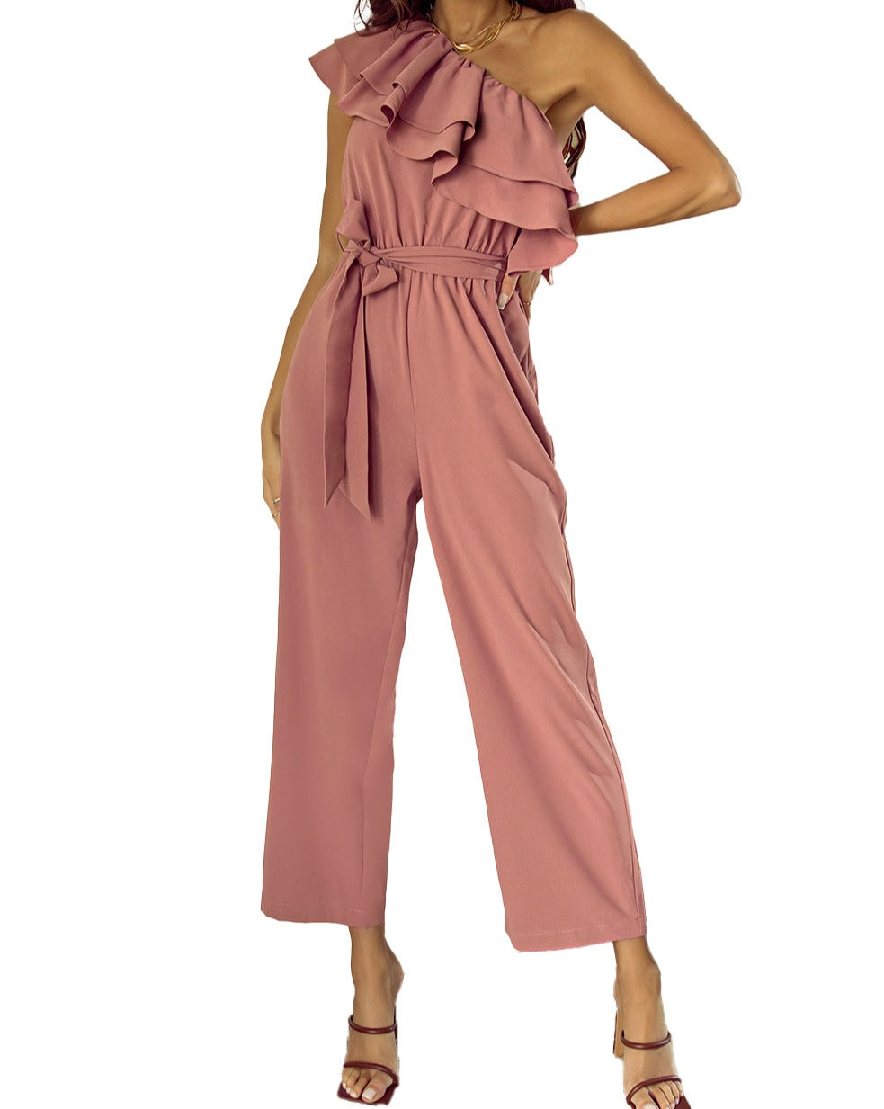 Ruffle One Shoulder Belted Jumpsuit