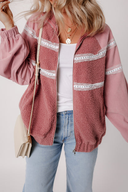 Sherpa Lace Patchwork Zip Up Jacket