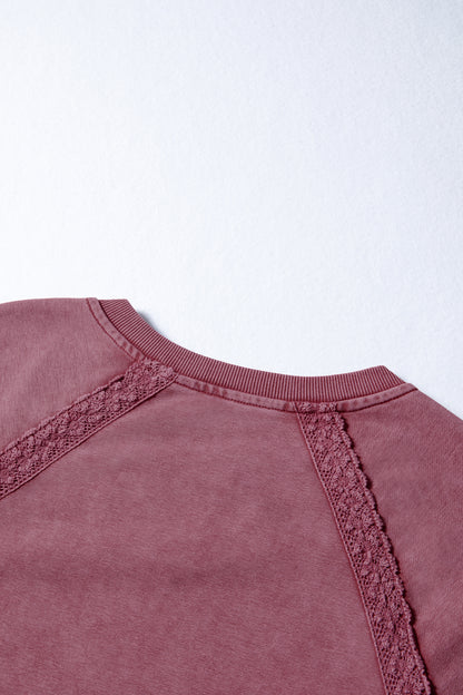 Lace Patchwork Mineral Wash Notched Neck Sweatshirt