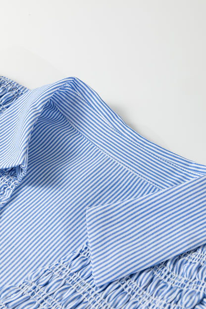 Plus Size Stripe Shirred Collared V-Neck Midi Dress