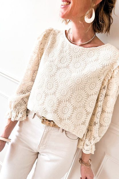 Floral Lace Ruffle 3/4 Sleeve Blouse