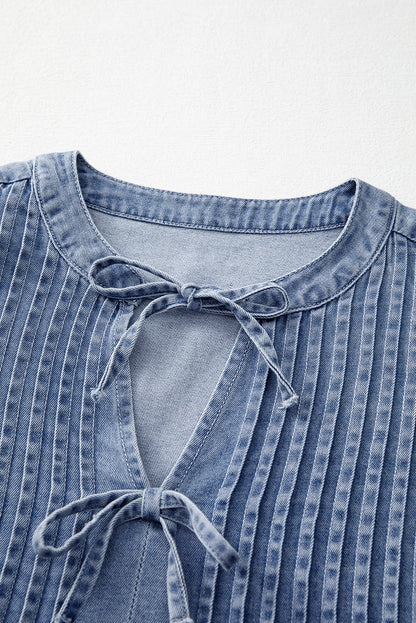 Solid Denim Pleated Bow Tie Puff Sleeve Top