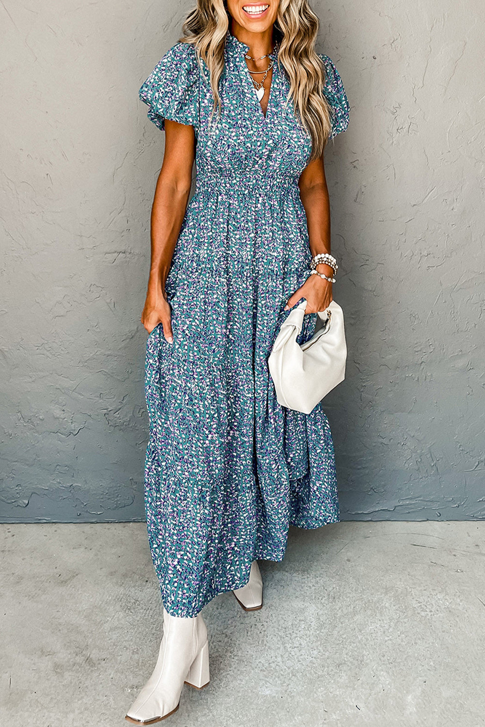 Shirred Puff Sleeve Maxi Dress