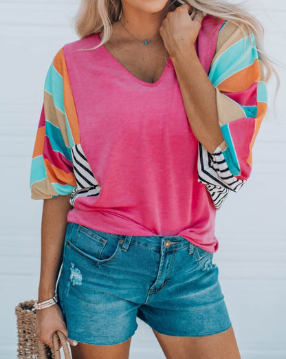 Stripe Colorblock Bubble Sleeve Top