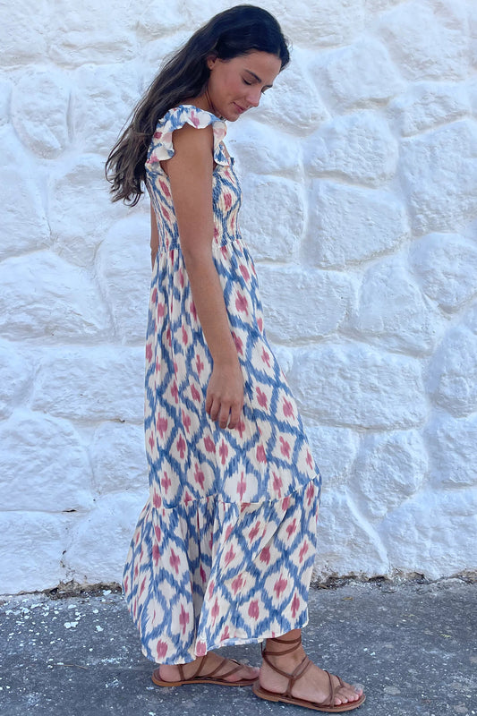 Boho Geometric Smocked Square Neck Ruffle Dress