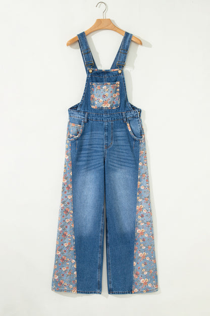 Floral Patchwork Bib Wide Leg Denim Overalls