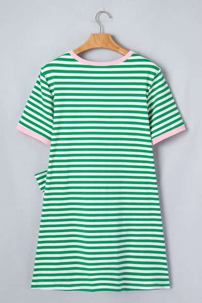 Stripe Contrast Trim Tie Waist Mini Dress