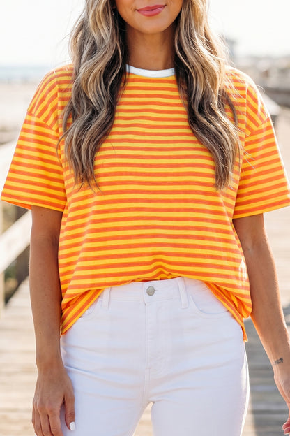 Stripe Contrast Crew Neck Drop Shoulder Tee
