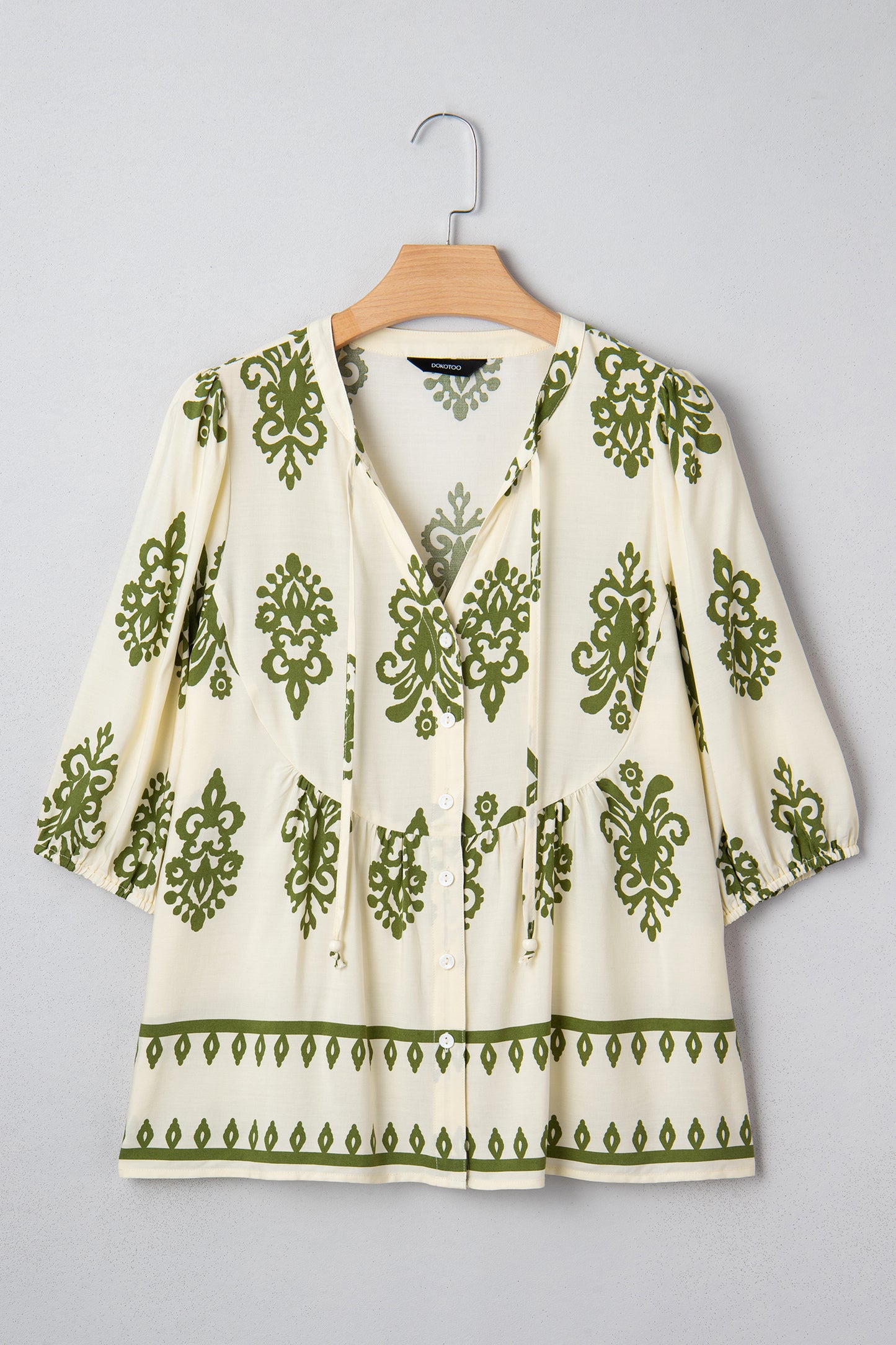 Boho Abstract Tie V-Neck Puff Sleeve Shirt