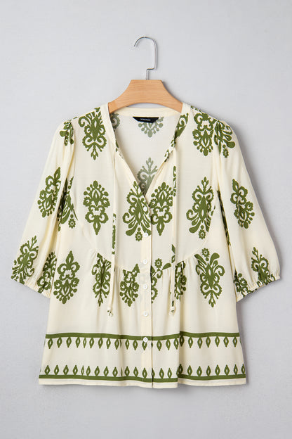 Boho Abstract Tie V-Neck Puff Sleeve Shirt