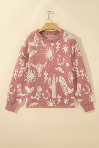 Western Drop Shoulder Long Sleeve Sweater