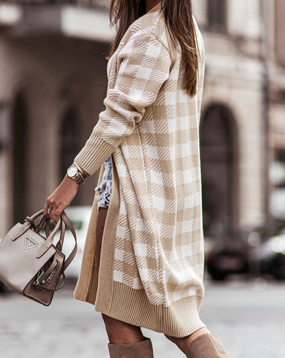 Plaid Open Front Long Cardigan