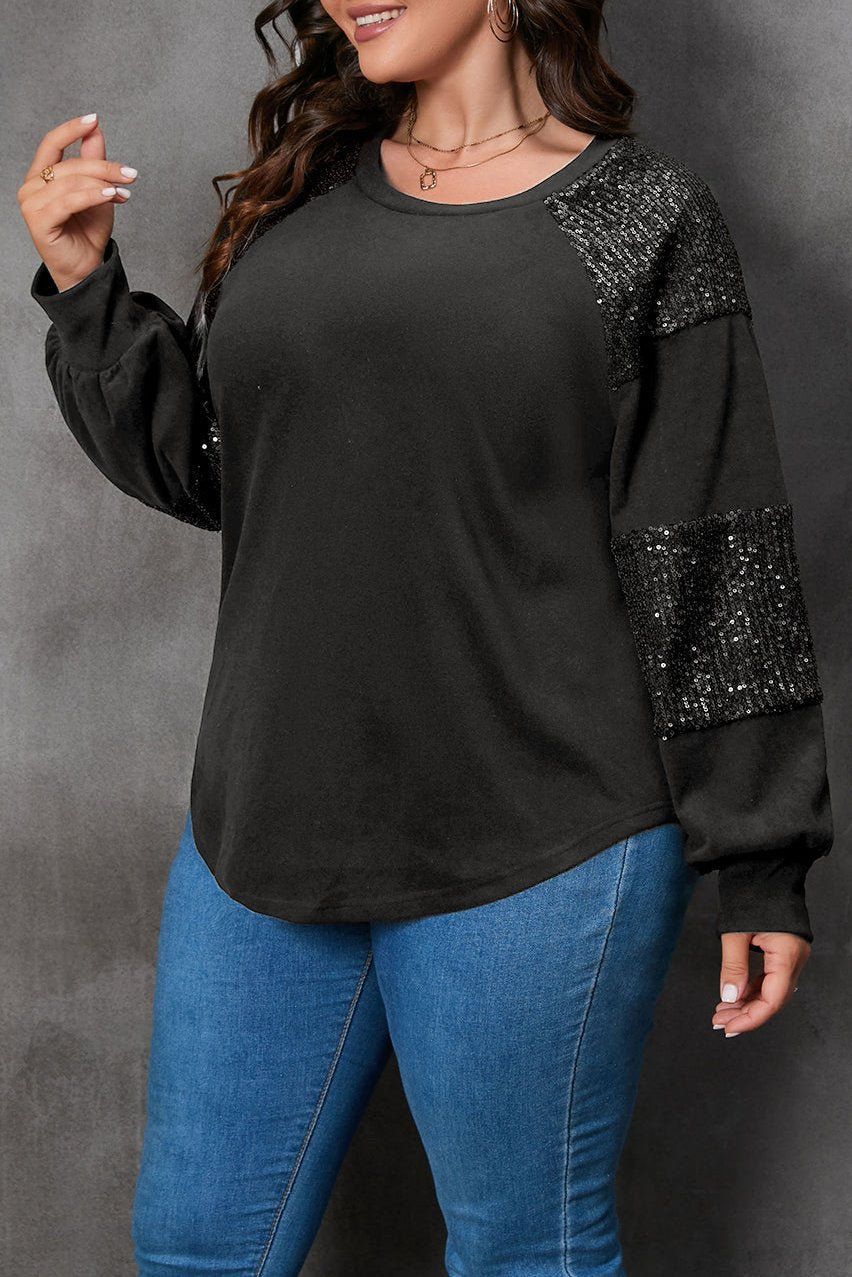 Plus Size Sequin Patchwork Long Sleeve Top