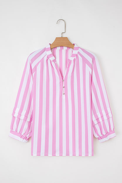 Stripe Puff Sleeve Buttoned V-Neck Blouse