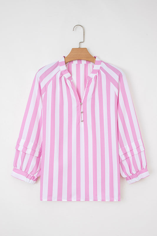 Stripe Puff Sleeve Buttoned V-Neck Blouse