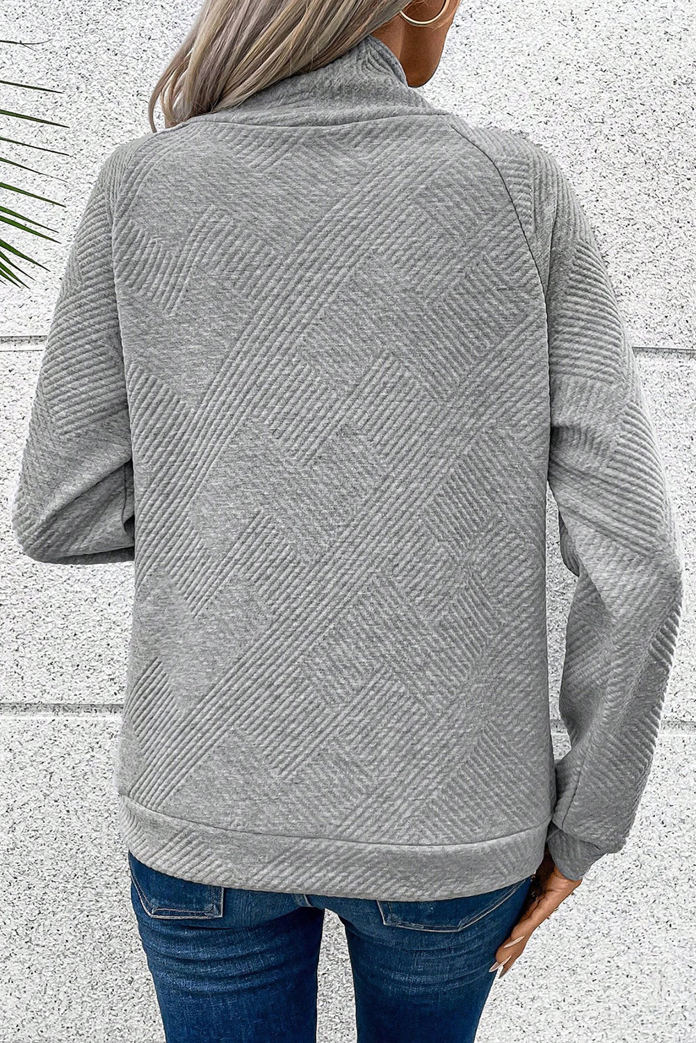 Geometric Textured Buttoned Collar Sweatshirt