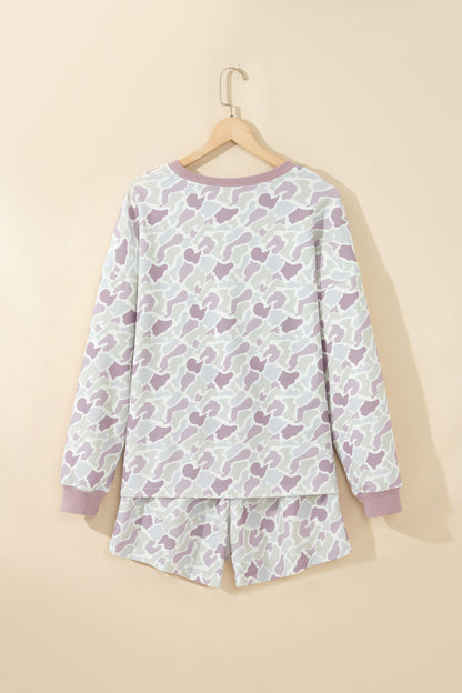 Camo Waffle Knit Long Sleeve Top & Shorts Set