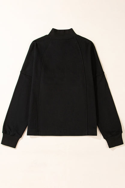 Solid Zipped Neck Drop Shoulder Sweatshirt