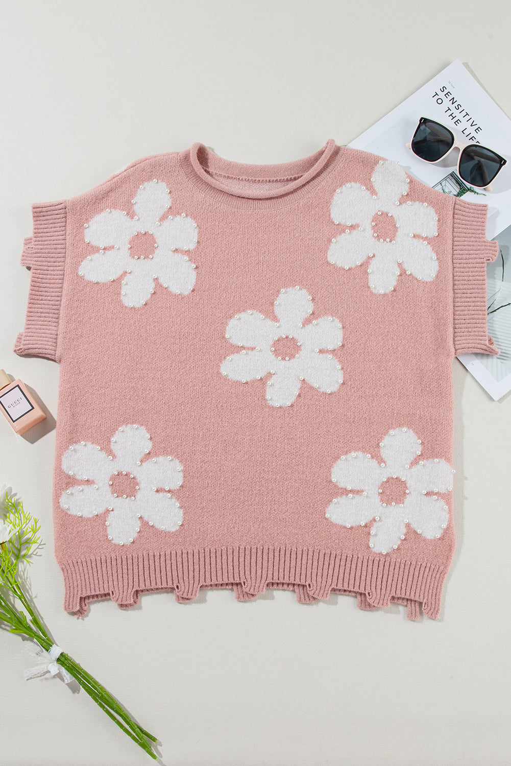 Pearl Floral Distressed Sweater T-Shirt