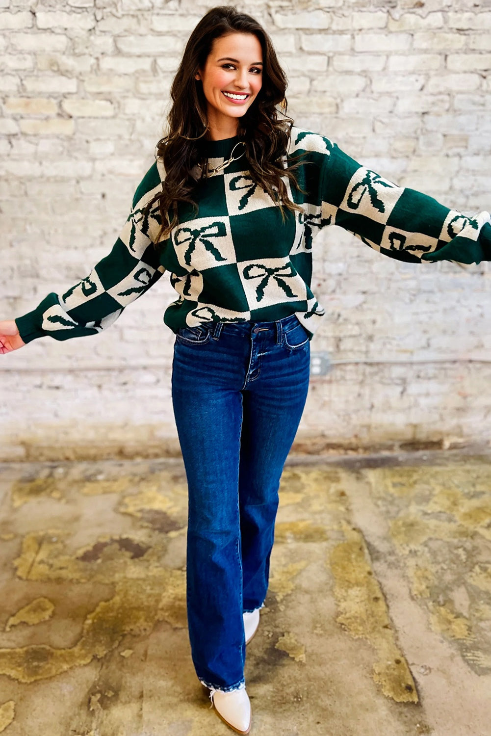 Checker Bow Crewneck Sweater