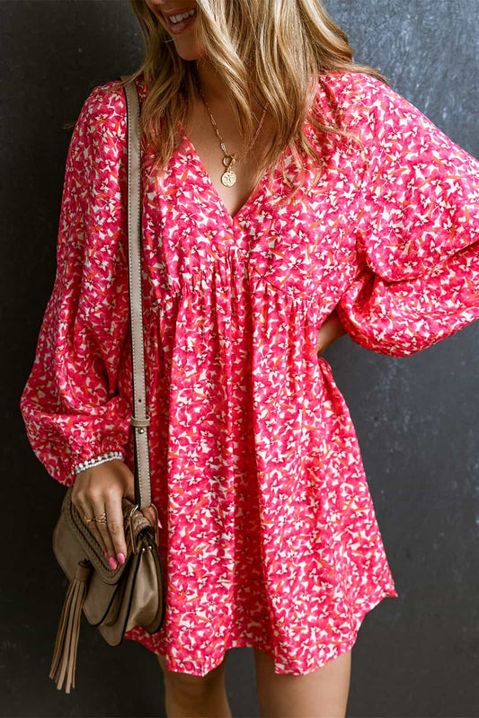 Floral Bubble Sleeve V-Neck Dress