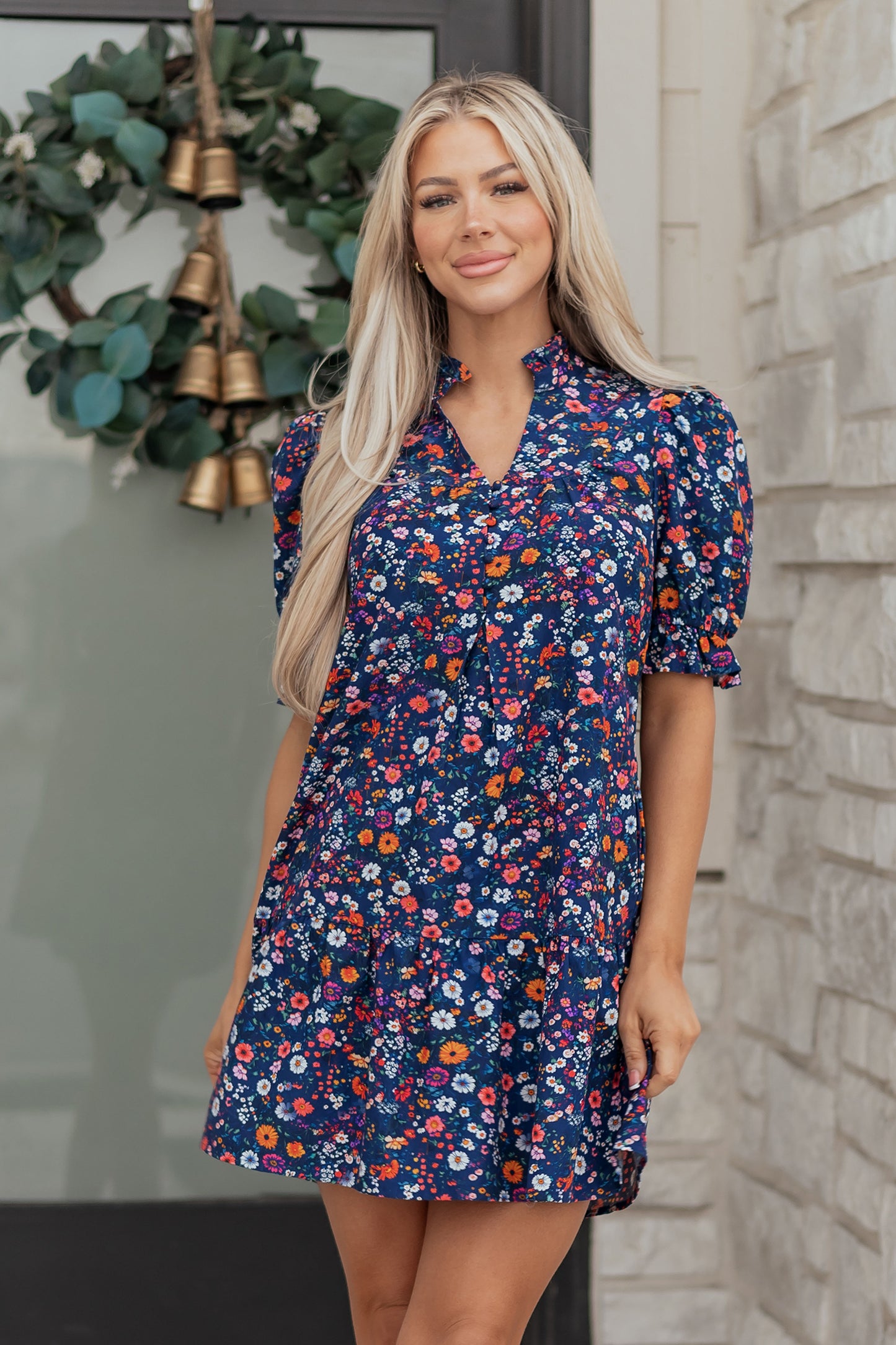 Floral Split Neck Puff Sleeve Mini Dress