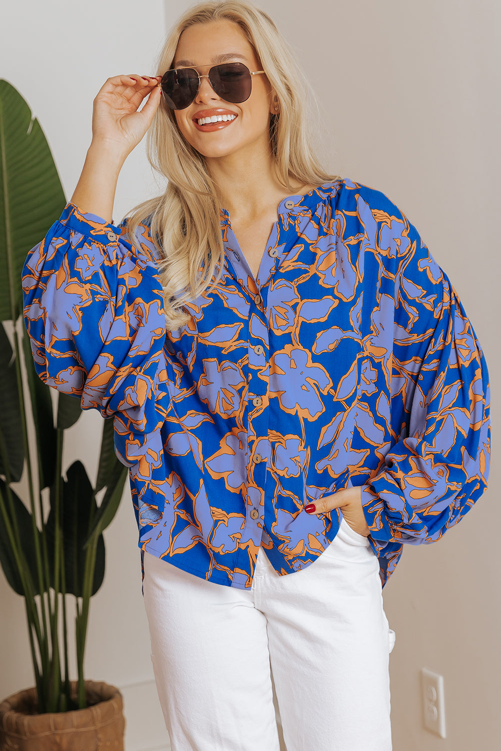 Floral Batwing Sleeve Button-Up Shirt