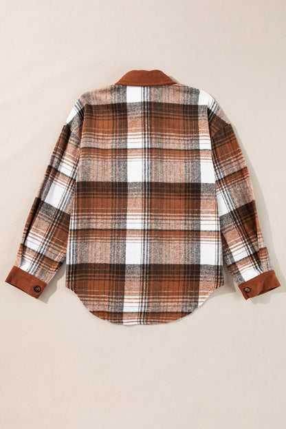 Plaid Corduroy Patchwork Chest Pocket Buttoned Shacket