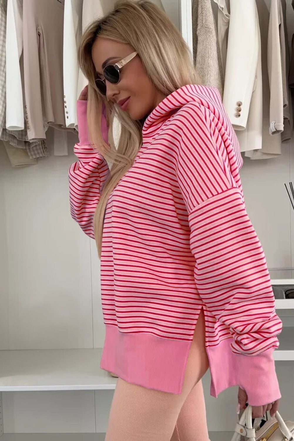 Stripe Thumbhole Drop Shoulder Sleeve Hoodie