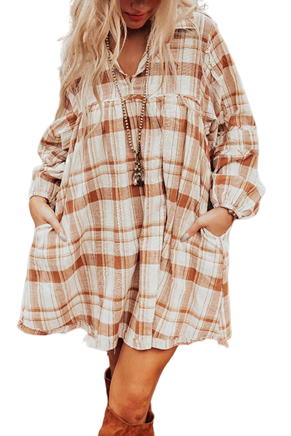 Plaid Pocketed Babydoll Mini Dress