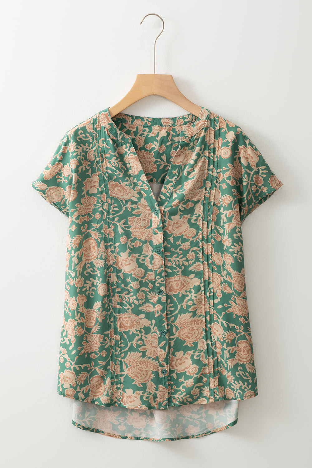 Floral Pleated Buttoned V-Neck Short Sleeve Blouse
