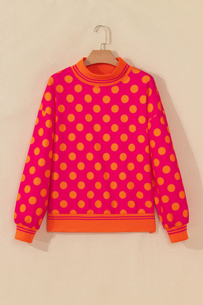 Polka Dot Stripe Trim Mock Neck Sweatshirt