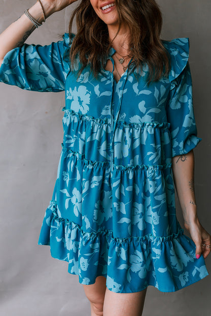 Flower 3/4 Sleeve Ruffle Tiered Dress