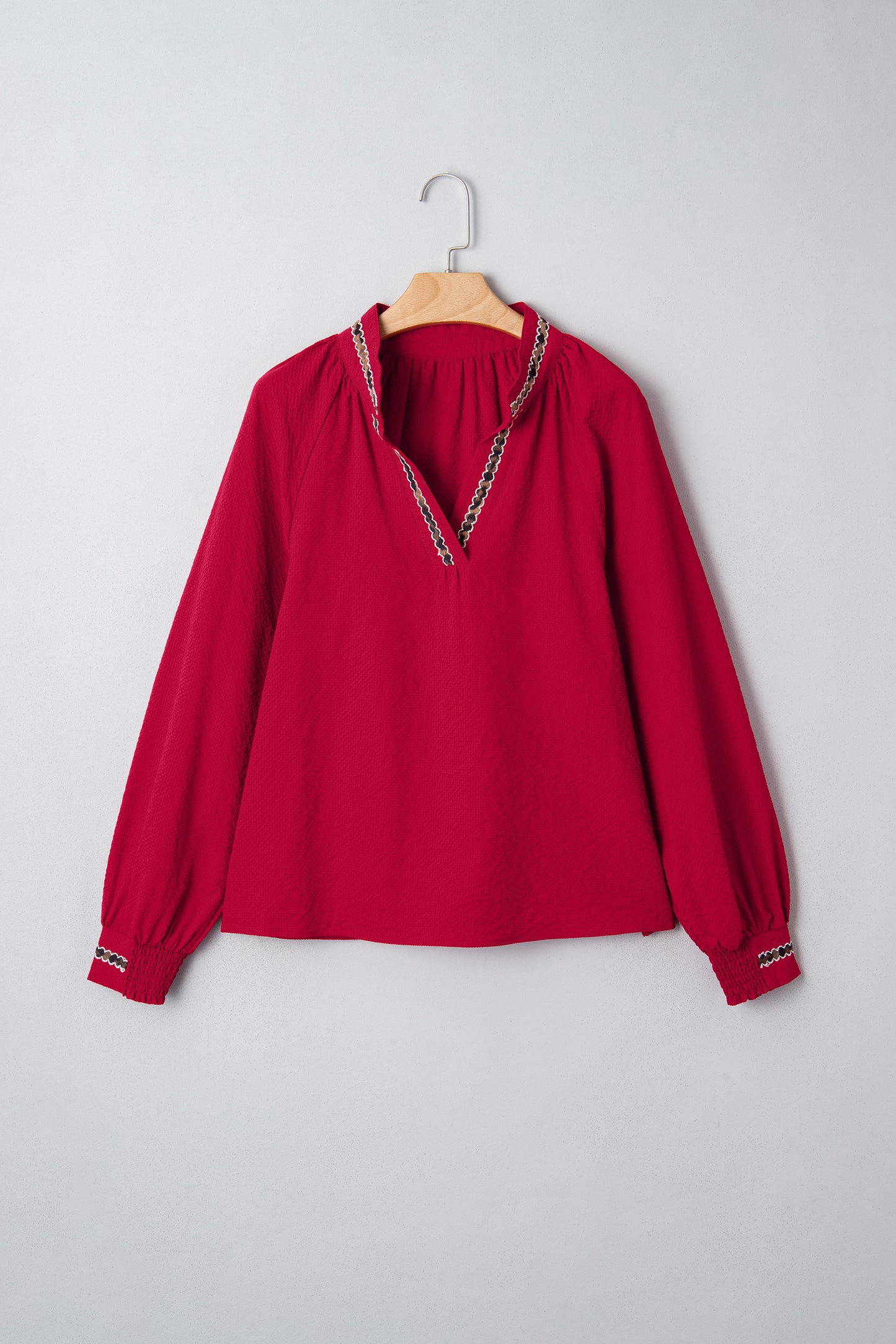 Leopard Contrast Trim V-Neck Long Sleeve Blouse