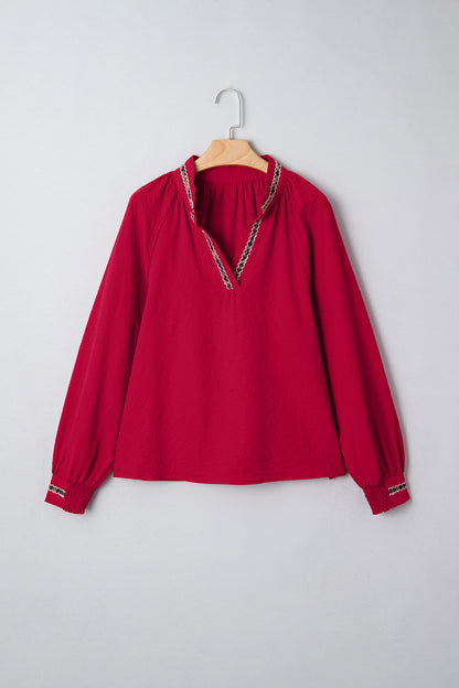 Leopard Contrast Trim V-Neck Long Sleeve Blouse