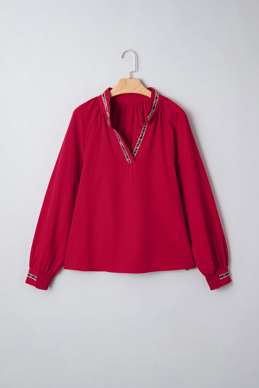 Leopard Contrast Trim V-Neck Long Sleeve Blouse